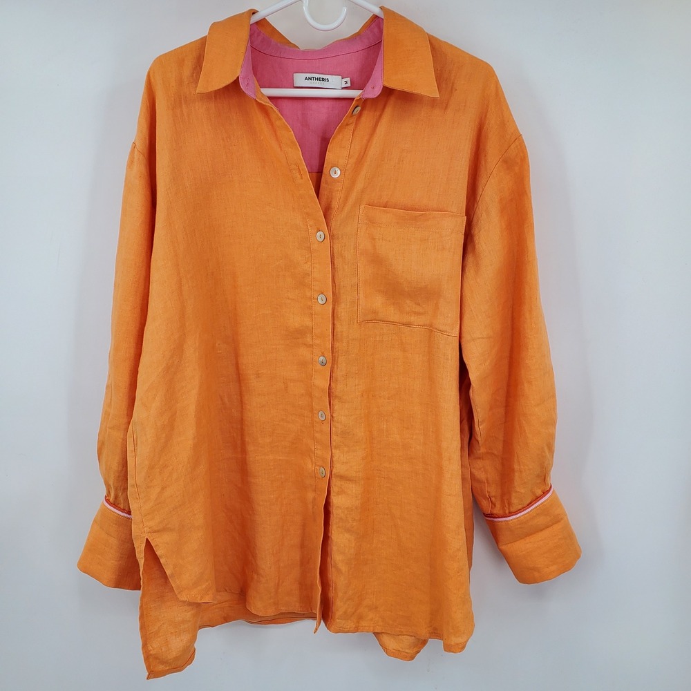 Antheris Greece Orange Linen Oversized Button Down Shirt Pink Trim M Preppy Boho